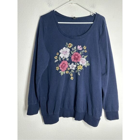 Torrid Tops - Torrid Bohemian Navy Blue Embroidered Floral Sweater Sweatshirt Size 1X